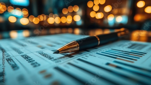 Elegant fountain pen on financial documents