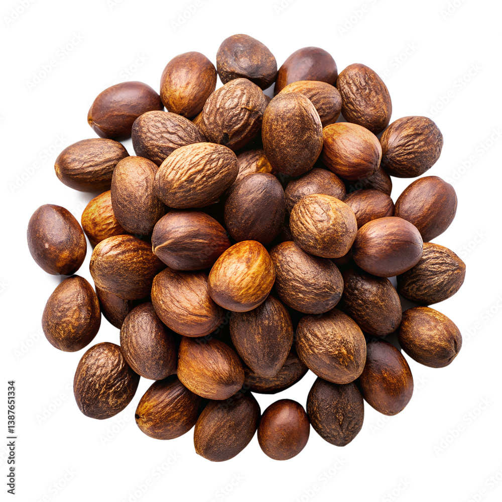 A rich harvest of shea nuts, ready for processing into luxurious skincare, displayed against a pure white background. A rich harvest of shea nuts, ready for processing into luxurious skincare, displayed against a pure white background.