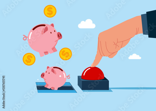 Hand presses the start red button. Push start to open door and to see piggy bank with coins. Modern vector illustration in flat style