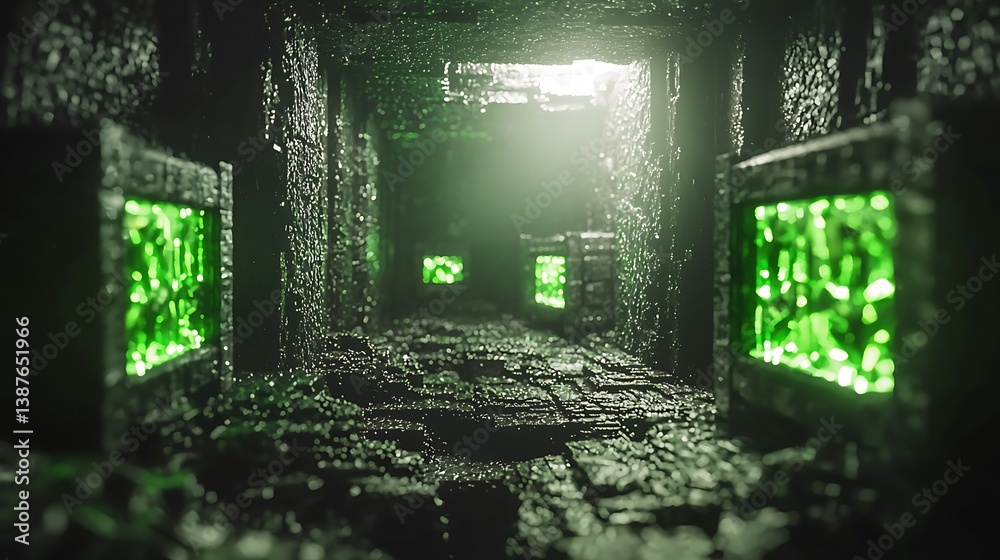 Obraz premium Dark, mysterious stone corridor with glowing green panels.