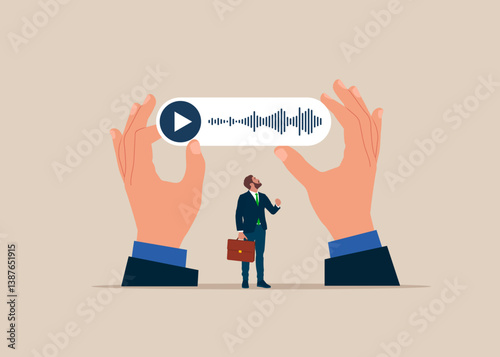 Businessman with Play button on a voice messages, sound waves. Modern vector illustration in flat style
