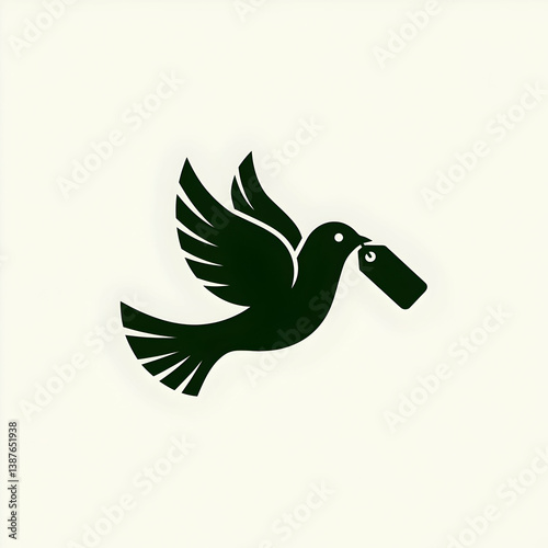 A swift dove carrying a message of hope, soaring through a clean white sky with a bold dark silhouette.