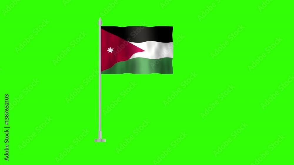 Flag of Jordan, Pole flag of Jordan on white screen, Jordan 3D Animation flag waving in the wind isolated on white Background. 
