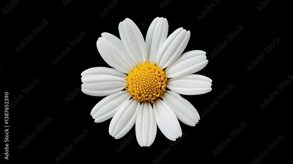 Obraz premium Close-up of a single white daisy flower with a yellow center, isolated on a black background.