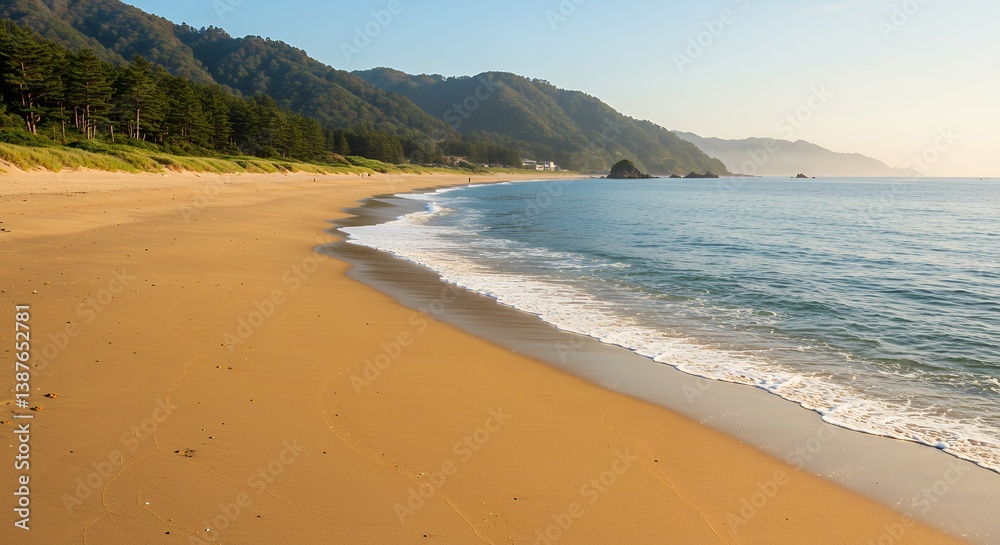Coastal Beach Scene with Calm Ocean Waves and Forest Hills Coastal Beach Scene with Calm Ocean Waves and Forest Hills