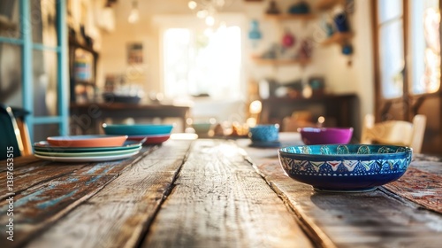 Wallpaper Mural Rustic Table Setting with Colorful Bowls and Plates in a Warm Kitchen Interior Focus on Wooden Texture Torontodigital.ca