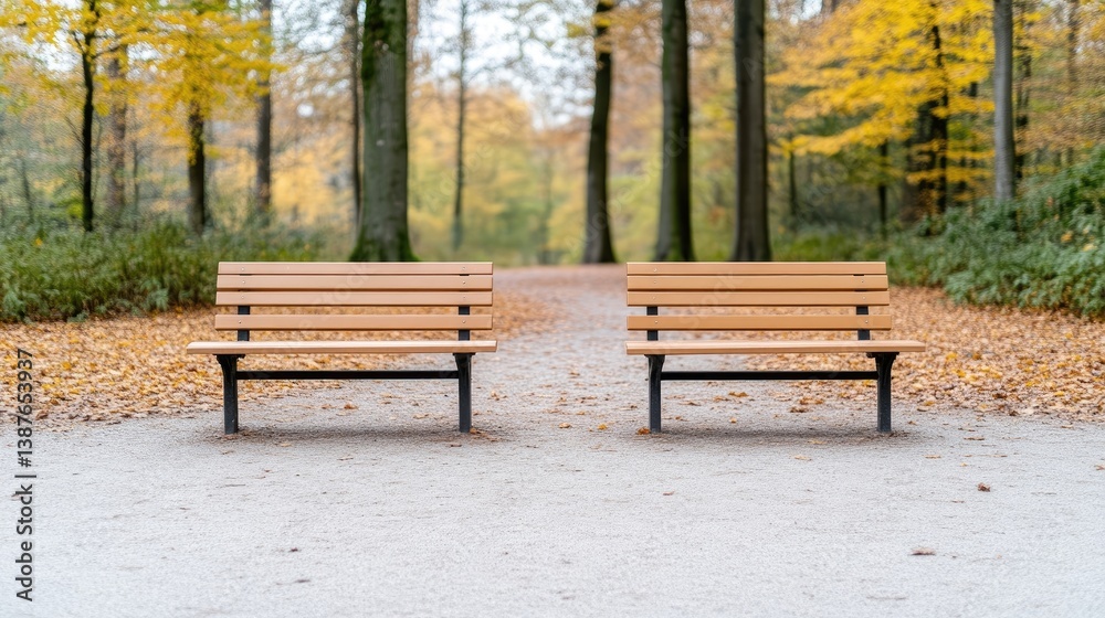 Two simple wooden benches sit opposite each other on a gravel path. An autumnal forest provides a blurred backdrop. The image is well-lit and high-resolution, presenting a serene scene. The style is Two simple wooden benches sit opposite each other on a gravel path. An autumnal forest provides a blurred backdrop. The image is well-lit and high-resolution, presenting a serene scene. The style is