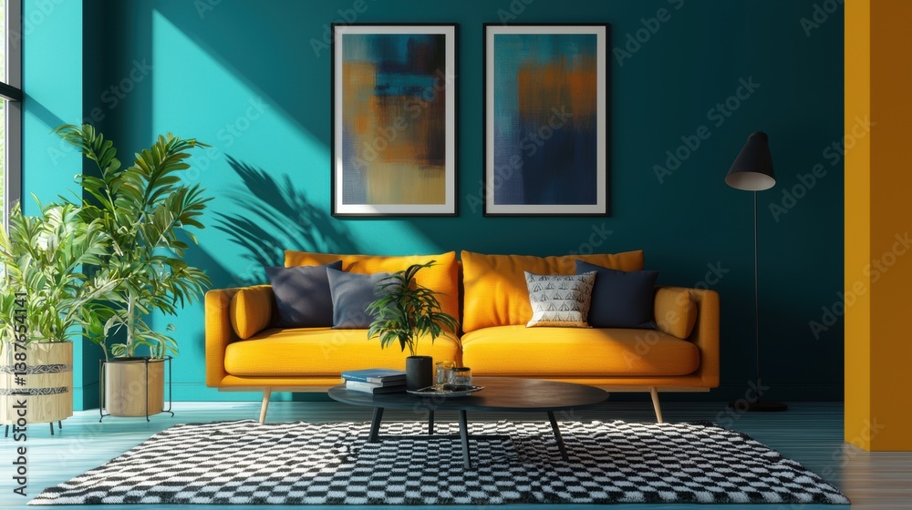 Fototapeta premium Sunny teal room with artistic flair cozy golden sofa black coffee table patterned rug and elegant potted plants