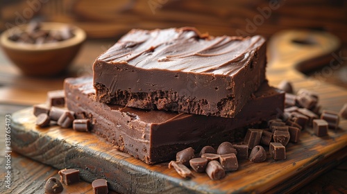 Decadent Chocolate Fudge Squares with Crumbled Chunks on a Wooden Board