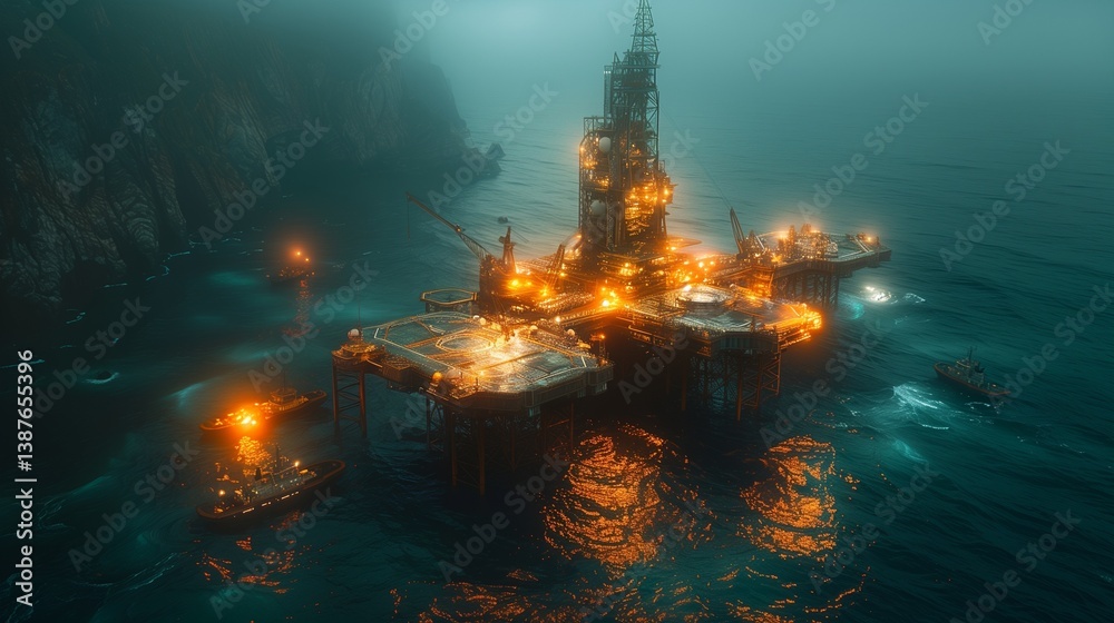 Obraz premium Vibrant Oil Rig Aglow in the Misty Ocean Depths