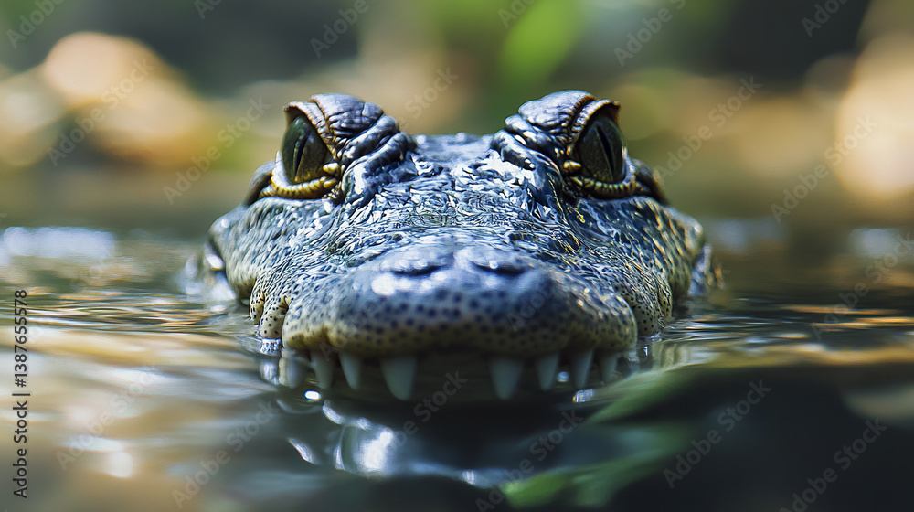 Obraz premium Crocodile peeking above water with blurred background. Intense gaze