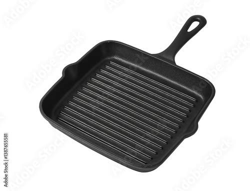Square cast iron grill pan with ridged surface and handle – isolated transparent PNG