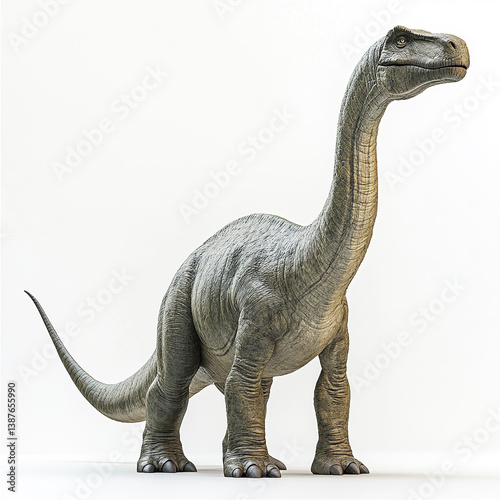 large, gray Diplodocus dinosaur stands on white background