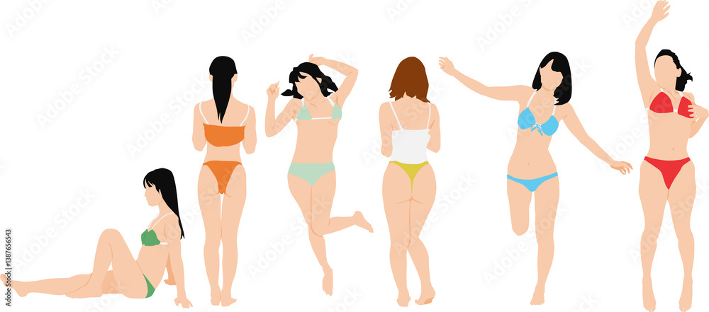 ポーズをとる水着を着た女性のイラストセット ポーズをとる水着を着た女性のイラストセット