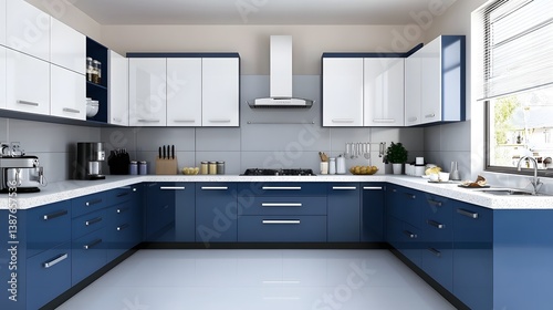 Sleek Blue and White Modern Kitchen Design with Welcoming and Organized Feel