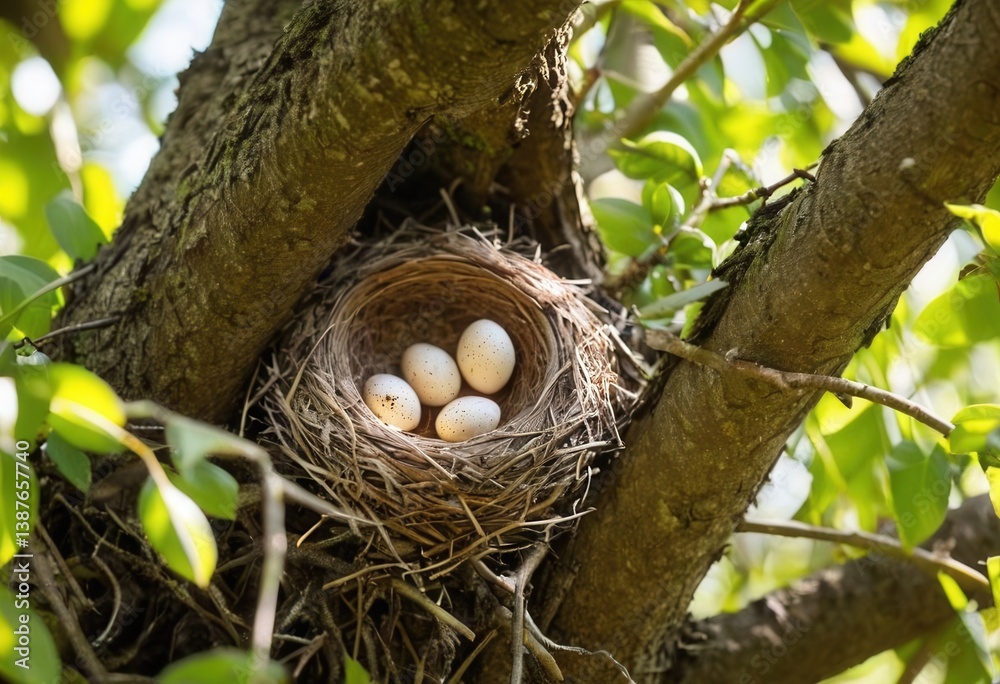 Nest with speckled eggs in tree branches surrounded by lush green leaves Nest with speckled eggs in tree branches surrounded by lush green leaves