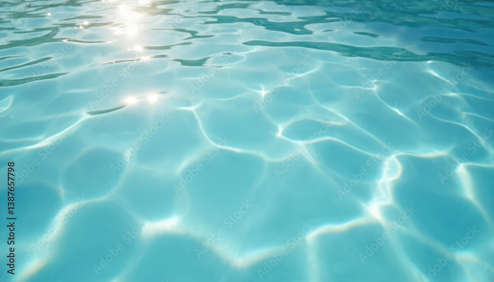 Fototapeta premium Tranquil blue water surface. Sunlight reflects creating clear, rippled texture. Aquatic scene evokes summer, calmness, relaxation, vacation. Clean, pristine, bright. Pool background.