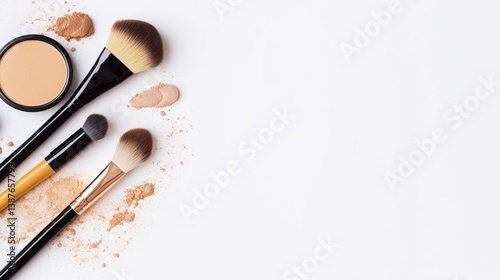 Cosmetic brushes and face powders arranged neatly. Ideal for beauty, skincare, and makeup tutorial content.