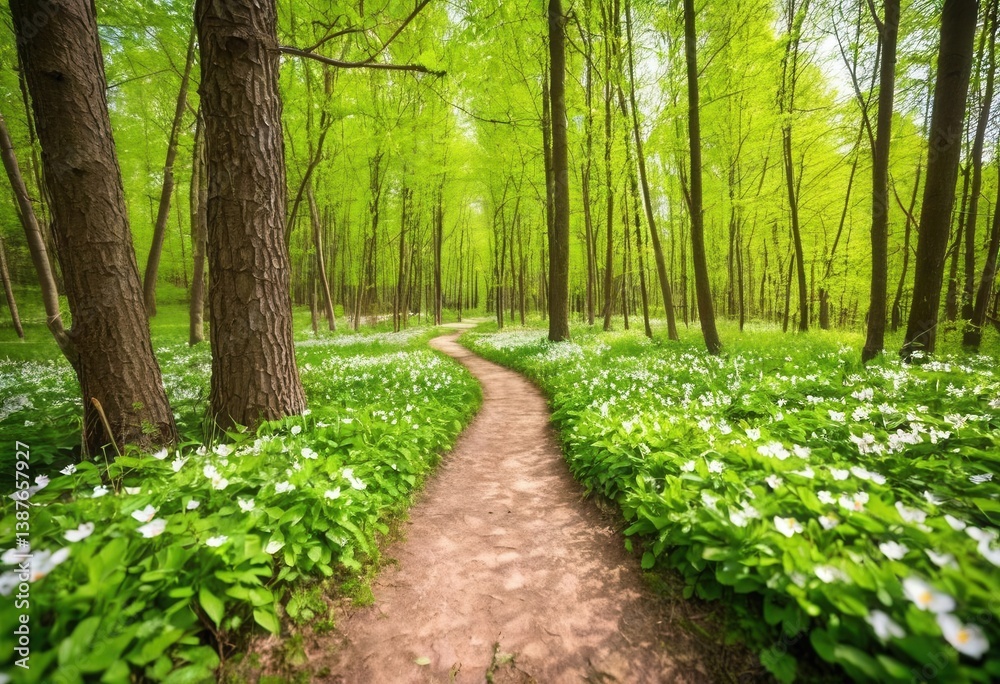 Obraz premium Peaceful path through verdant forest in spring