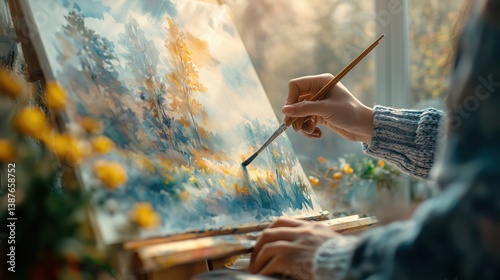 Close-up of hand painting serene watercolor landscape by window with natural light, perfect for creativity, relaxation, and mindful artistic expression at home