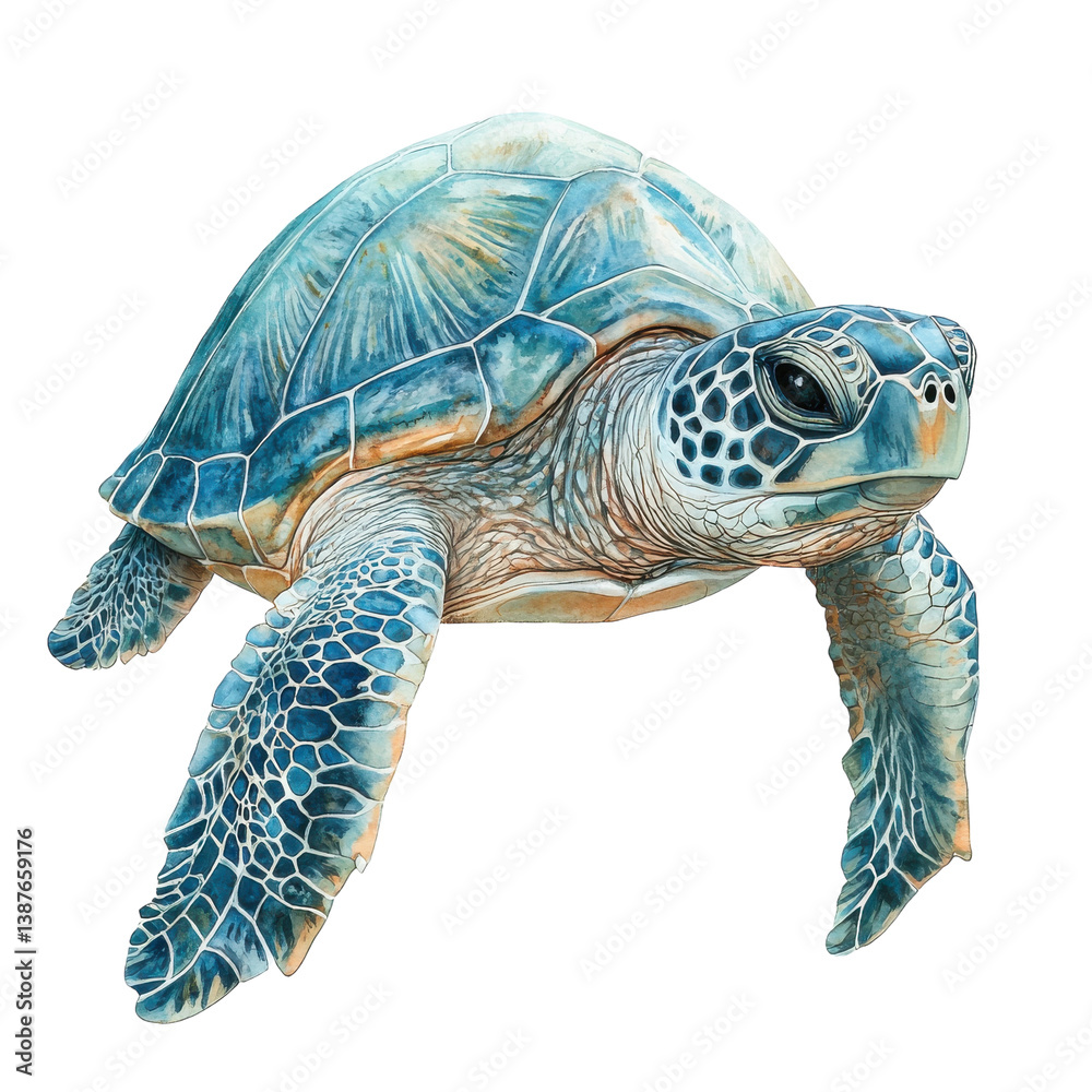 Fototapeta premium Watercolor sea turtle illustration, blue marine reptile artwork, detailed ocean wildlife design for logos and prints isolated PNG with Transparent Background