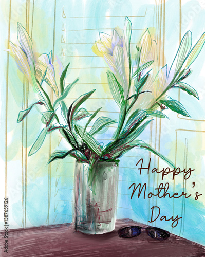 Fototapeta Naklejka Na Ścianę i Meble -  Happy Mothers Day, watercolor lilies, elegant vase of flowers