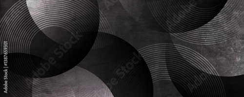 Black silver rough grunge abstract background overlap layer on dark space with circles lines decoration. Modern graphic design element vintage style concept for web, flyer, card, or brochure cover