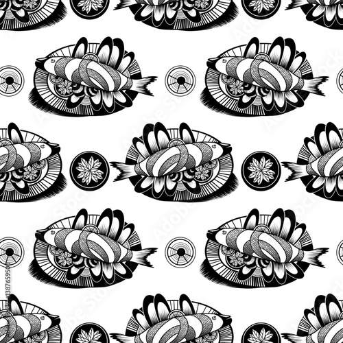 Seamless pattern of hand drawn graphic grilled fish and vegetables on plate in abstract style, black line on white background. Vector food creative background for design of restaurants and cafes