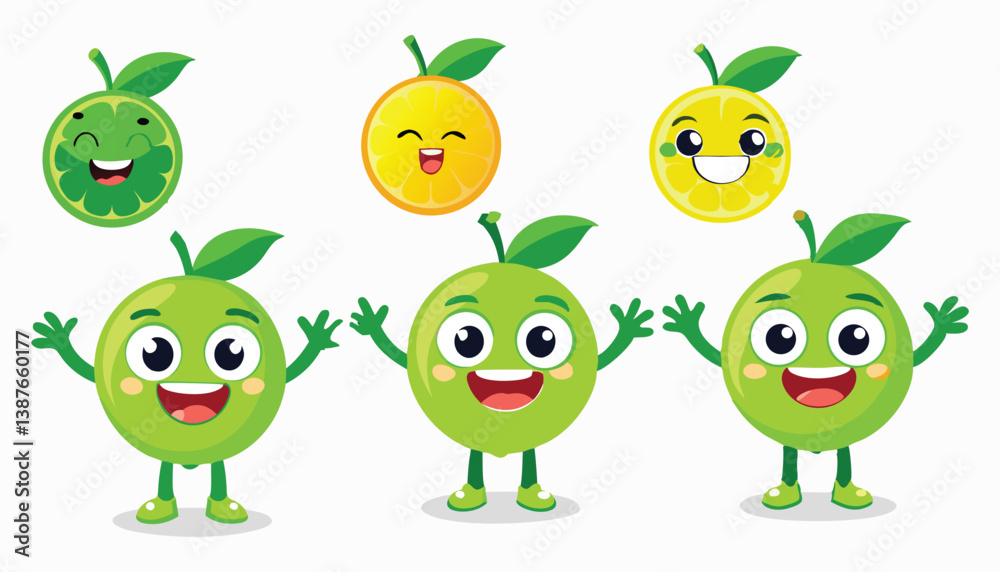 Obraz premium Funny cartoon monsters and fruits with cute smiling faces