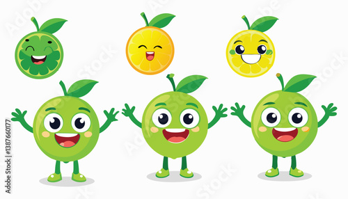 Funny cartoon monsters and fruits with cute smiling faces