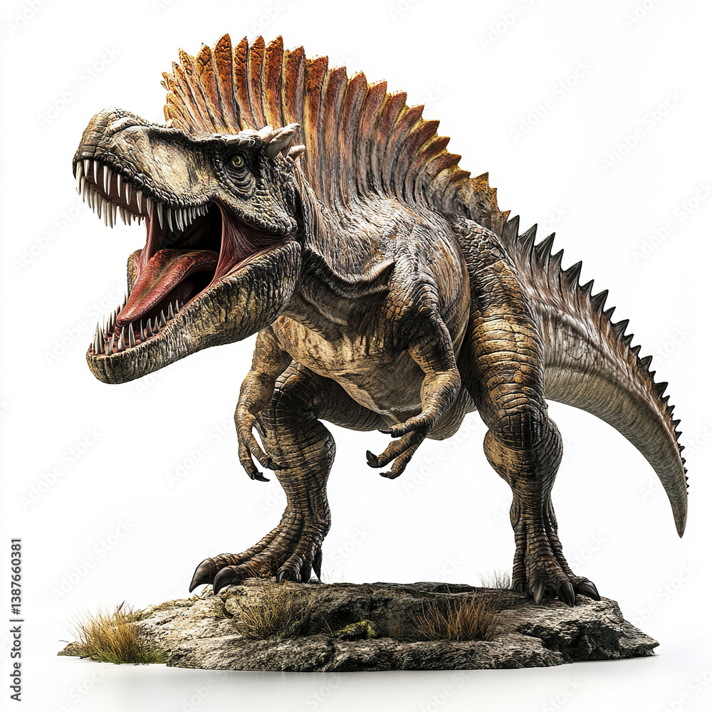 Fototapeta premium Spinosaurus roaring with open mouth on white background