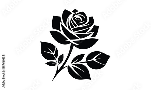 Black and white silhouette, stylized rose icon, minimalist floral design, graphic illustration, vector art, single stem, blooming flower, Roses tattoo. Black roses vector design.