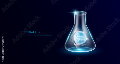 Eyeball transparent in beaker glass triangle test tube on dark blue background. Internal organ anatomy sample medical science experiment. Research genetic scientific concept. Vector EPS10.