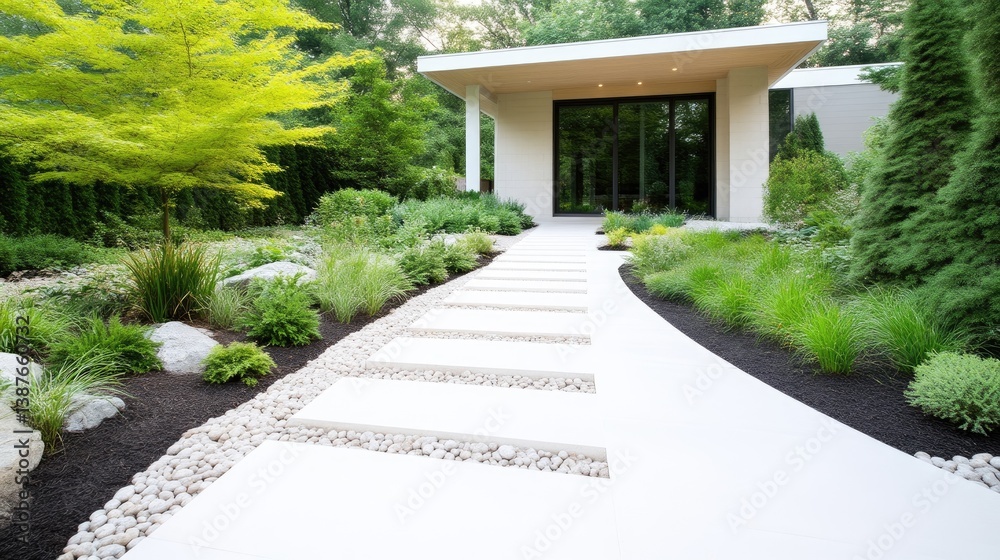Naklejka premium A modern, minimalist walkway curves toward a contemporary home. Lush greenery, including a vibrant yellow tree, frames the path. The high-resolution image uses natural light, creating a serene mood.