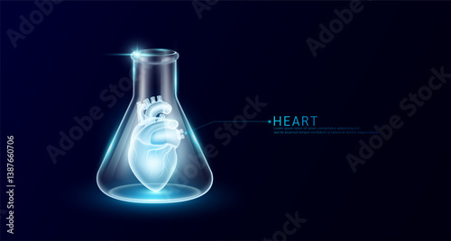 Heart human transparent in beaker glass triangle test tube on dark blue background. Internal organ anatomy sample medical science experiment. Research genetic scientific concept. Vector EPS10.