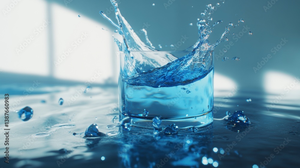 Water splashing into a glass on a reflective surface. Water splashing into a glass on a reflective surface.