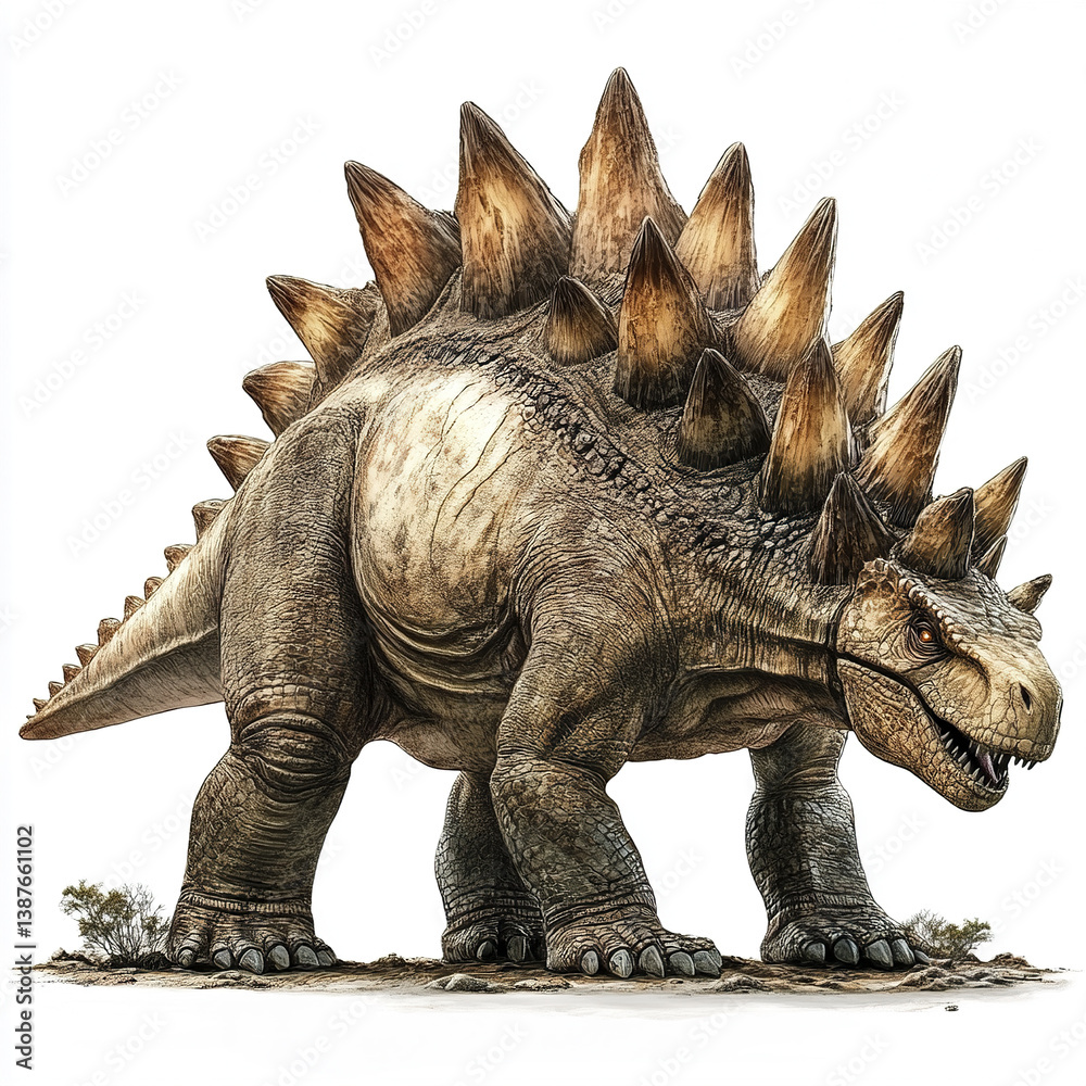Fototapeta premium Stegosaurus with spiked back on white background