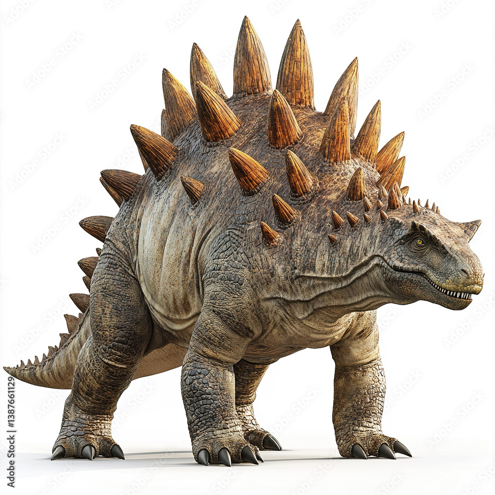 Fototapeta premium realistic Stegosaurus with spiked plates on its back stands on white background