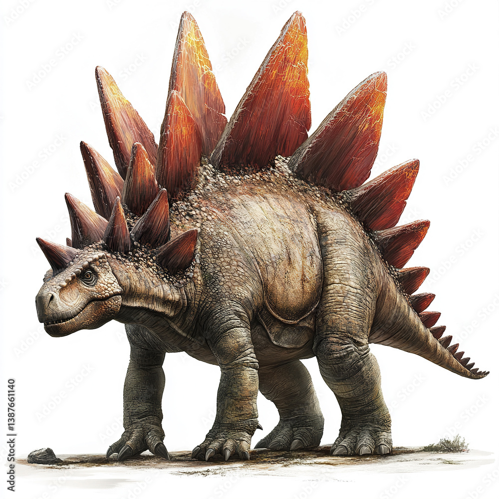 Fototapeta premium Stegosaurus with vibrant plates stands on white background