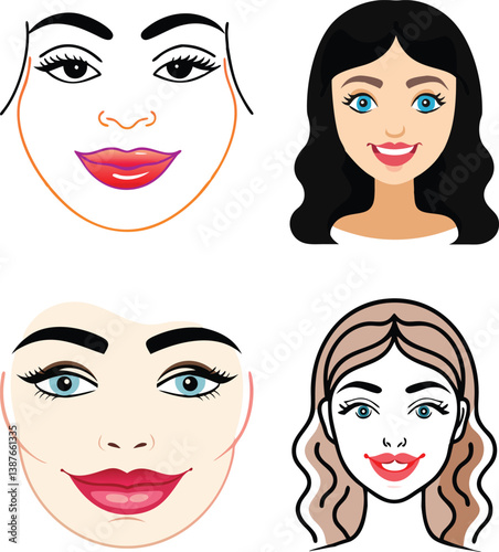 Four different female face illustrations with varied expressions and hair styles