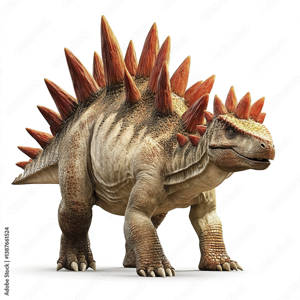 Fototapeta premium Stegosaurus with spiked back on white background, looking fierce