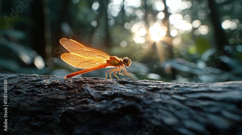 Orange dragonfly on a log in a forest at dawn photo