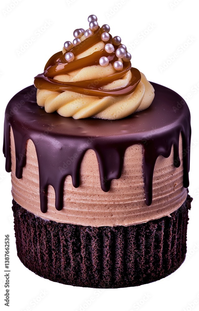 Isolated on white background, gourmet chocolate mousse cake fancy topped with a caramel swirl
