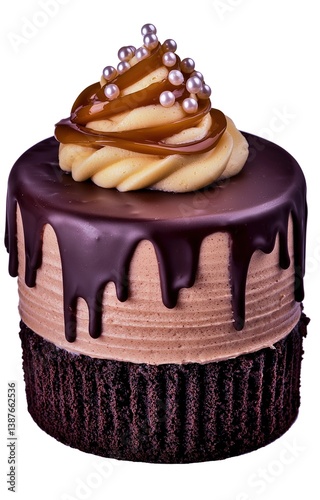 Obraz na płótnie Isolated on white background, gourmet chocolate mousse cake fancy topped with a caramel swirl w salonie