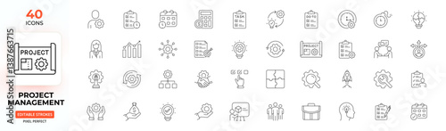 Project Management Line Icons – Planning, Teamwork, Tasks, Deadlines, Editable Stroke.
