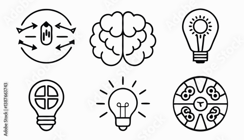 A collection of meticulously crafted minimalist icons represents various concepts related to thought, ideas, and the process of thinking.