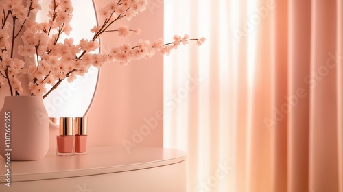 Elegant beauty corner with pastel curtains and sunlight. Ideal for lifestyle, beauty, and home decor concepts.