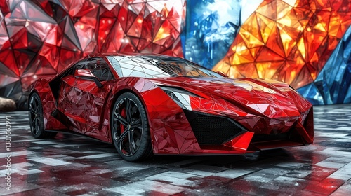 A sleek red low poly sports car with aerodynamic design is showcased against a vibrant backdrop of geometric crystal structures, highlighting its futuristic and luxurious