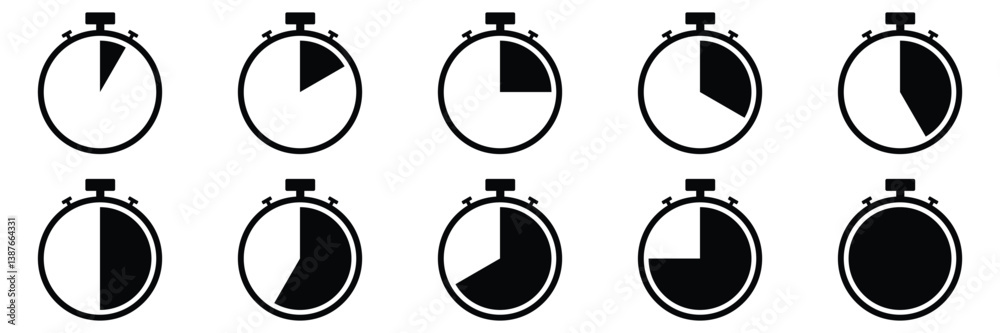 Stopwatch icons set. Timer symbol. Outline stopwatch icon. Alarm pictogram. Stopwatch icons set. Timer symbol. Outline stopwatch icon. Alarm pictogram.