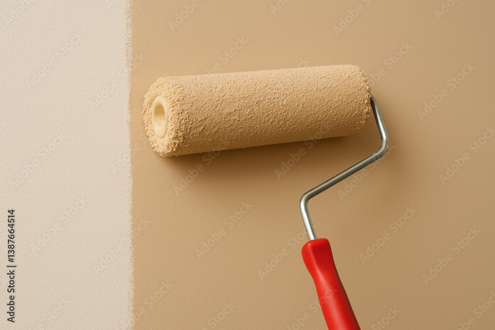 Fototapeta premium Painting wall with beige roller brush during home interior renovation